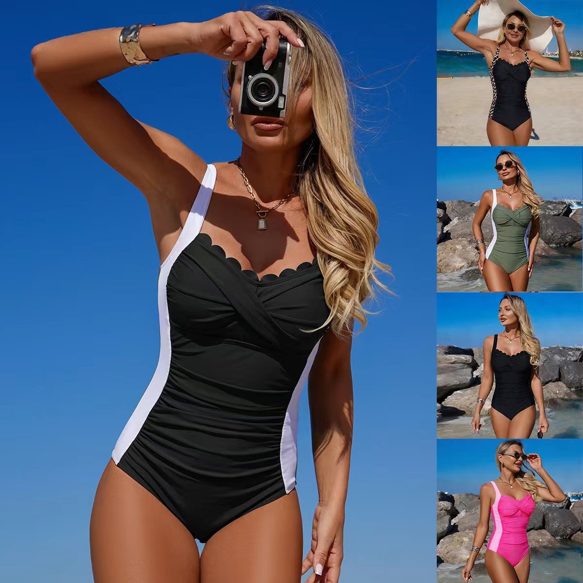 Baju Renang Hitam dengan Kerah - Swimsuit Bikini Ruched ulasan dan harga